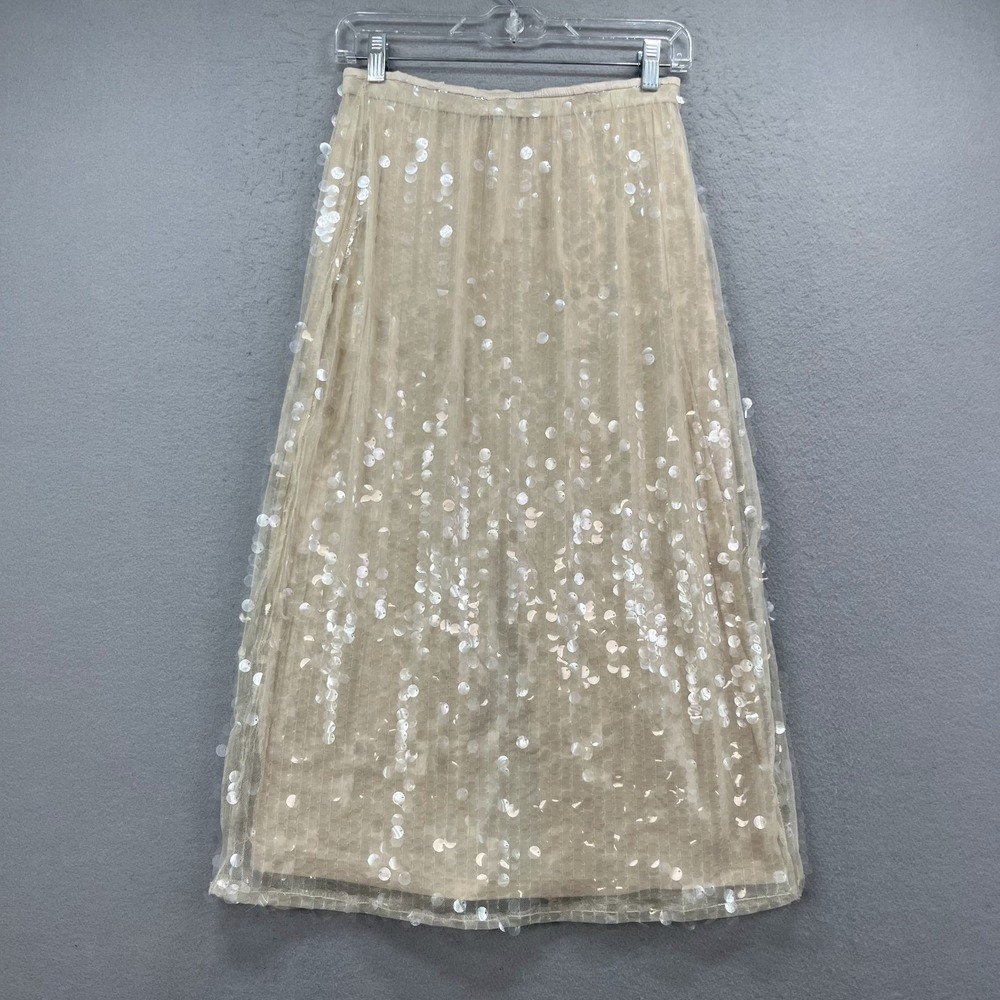 Old Navy Midi Skirt Womens Small Beige Sequined Mesh Tulle Layered Lined‎ Slit